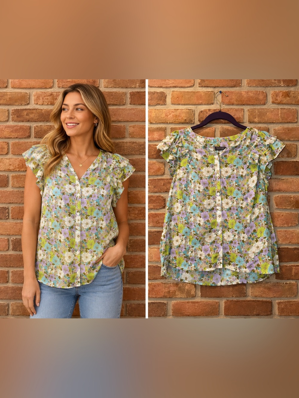Vineyard Vines Floral Ruffle Sleeve Top Women’s XS